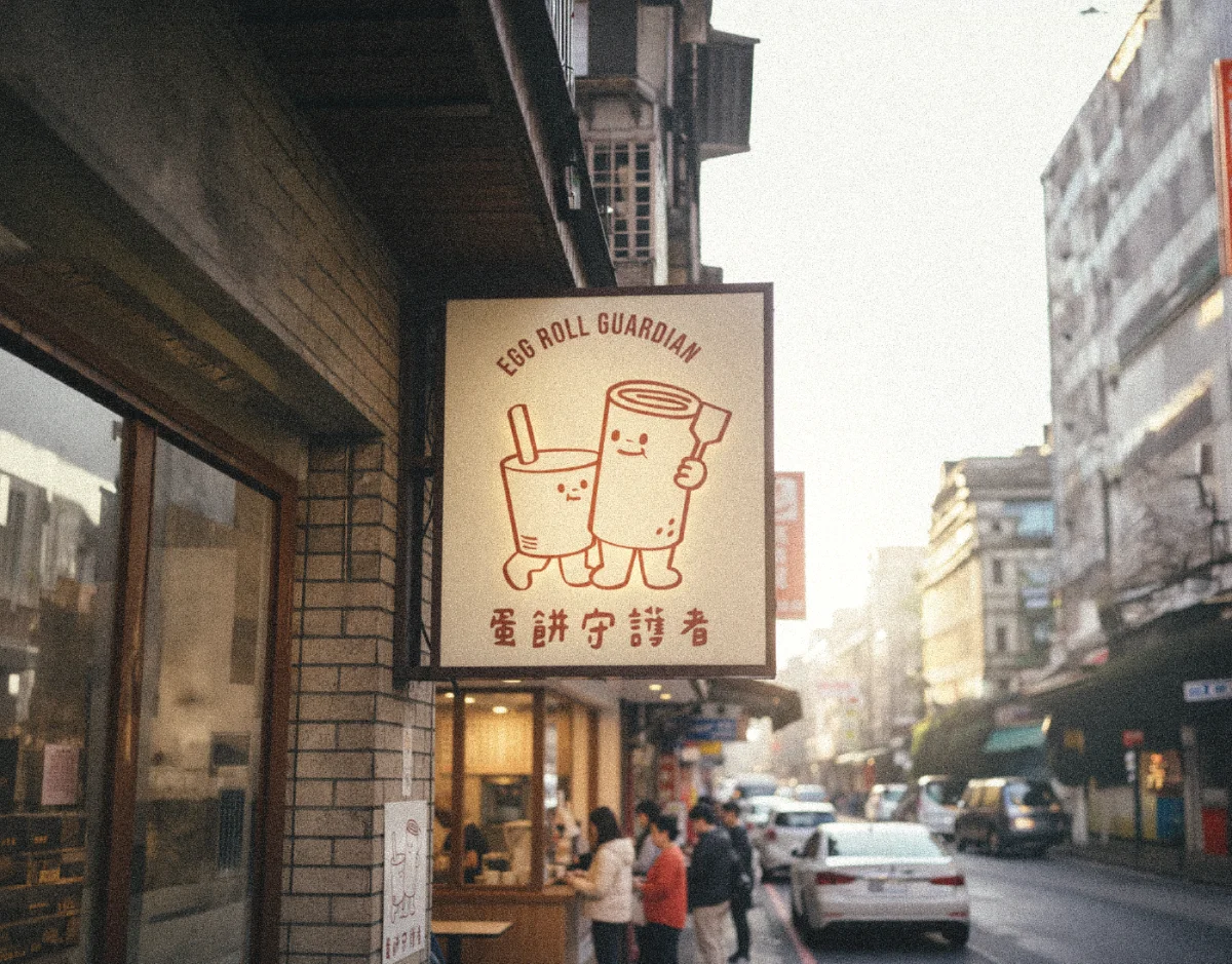 蛋餅守護者品牌招牌實景：台灣街邊早餐店門口的木質招牌，上面是兩個蛋餅捲角色插畫與 EGG ROLL GUARDIAN 字樣