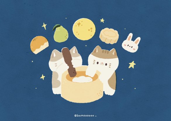 中秋主視覺插畫：深藍夜空下，Bomoo 和玖糾一起搗月餅，身邊飄著月亮、柚子、月餅和小白兔